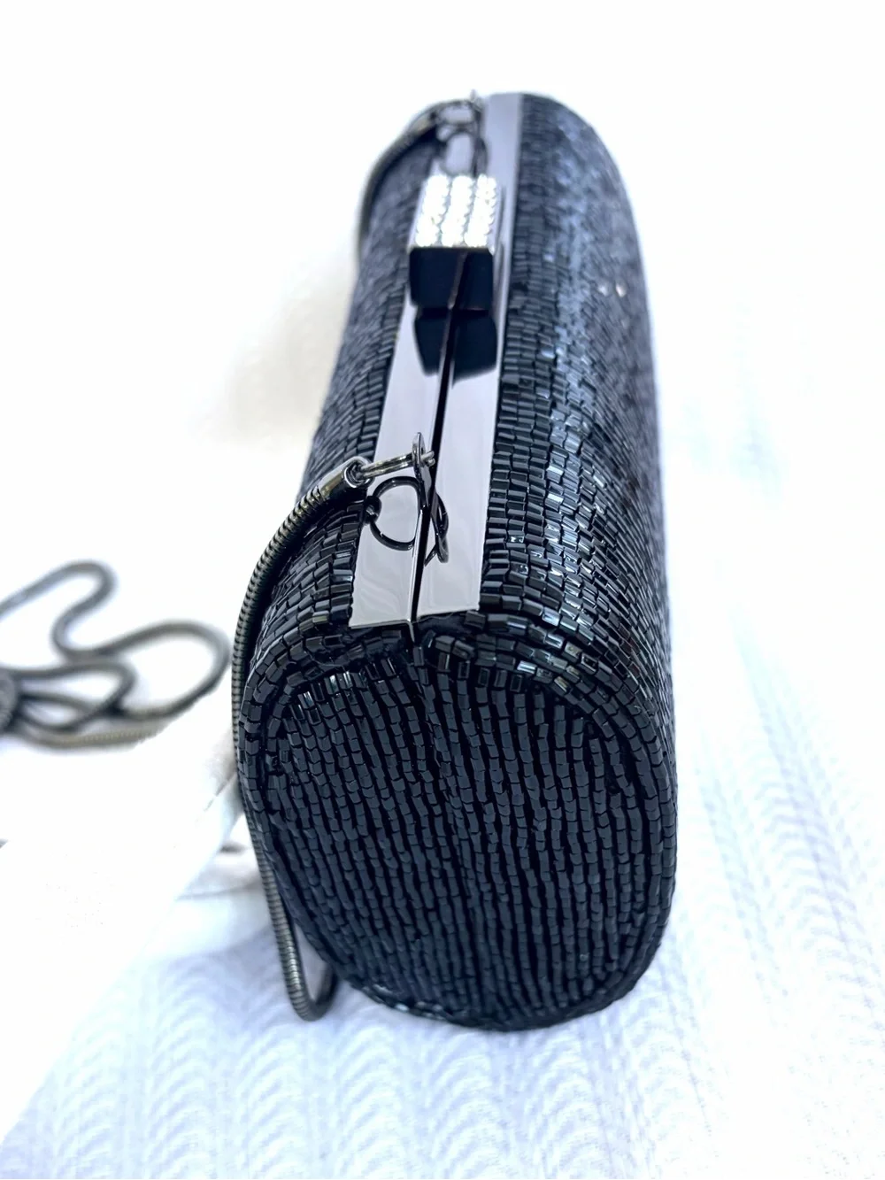 Vintage Lord & Taylor Black Beaded Cylinder Evening Clutch with Chain Strap